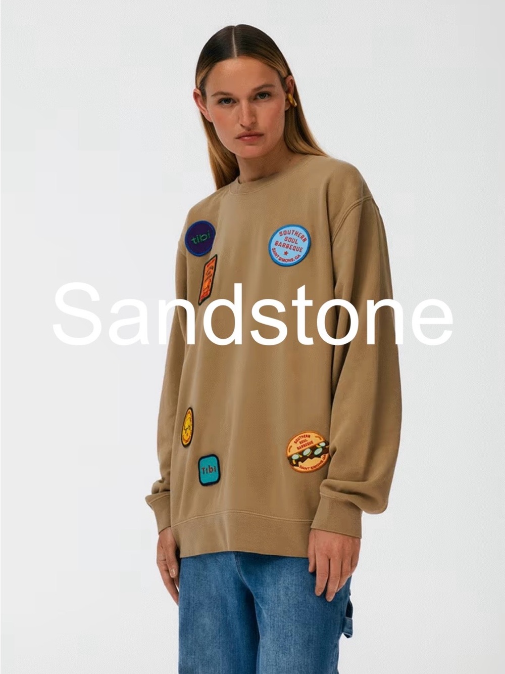 Tibi Sandstone Crewneck Sweatshirt with Colorful Badge Appliqués